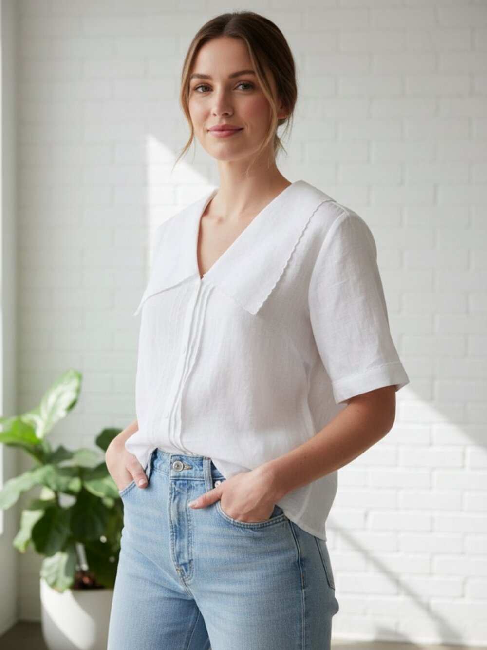 Frame Denim White V-Neck Short Sleeve Blouse